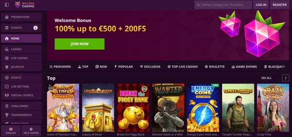 Malina Casino uvodna stranka na mobile